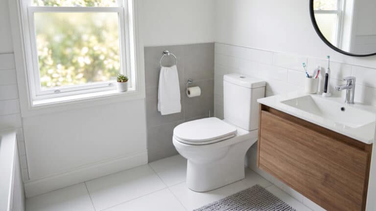 Banheiro limpo e organizado em design clean
