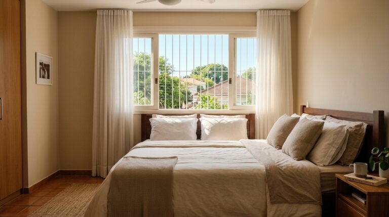 Cama de casal com roupa de cama branca e cabeceira de madeira em um quarto bem iluminado, de frente para uma grande janela com cortinas brancas e vista para árvores.