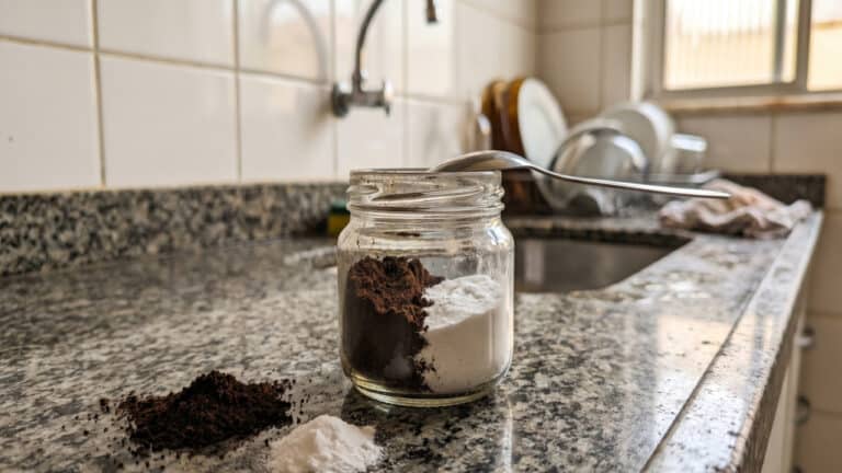 Borra de café com bicarbonato de sódio em pote de vidro sobre pia da cozinha