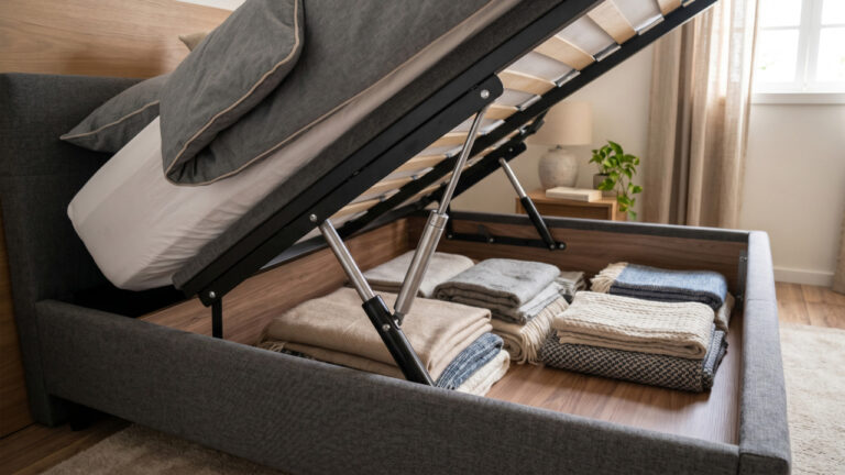 Cama com baú aberto para armazenar roupas de cama e economizar espaço