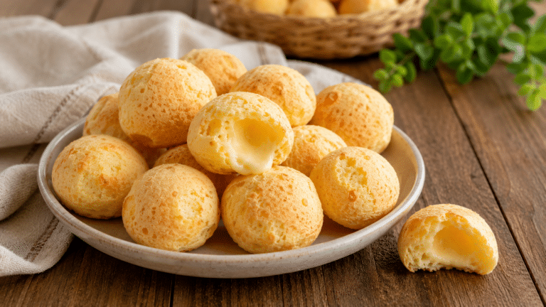 Pão de queijo com dois ingredientes feito com polvilho e queijo, servido quentinho com interior macio e sabor caseiro.