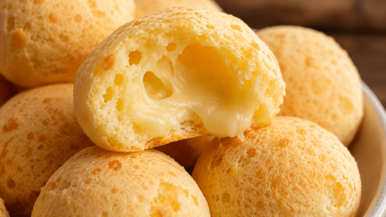Close-up de pão de queijo caseiro mostrando a casquinha dourada, a textura aerada e o interior macio com queijo derretido.