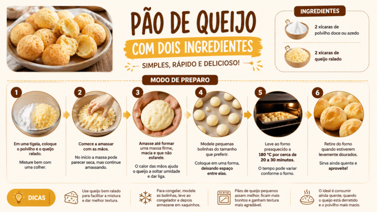Infográfico com modo de preparo do pão de queijo com dois ingredientes, mostrando polvilho, queijo, etapas da massa, modelagem e forno.