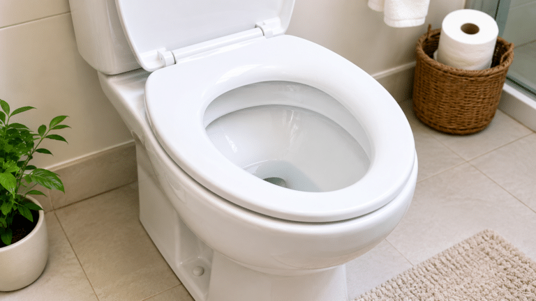 Vaso sanitário limpo e brilhante em banheiro claro e organizado, destacando o resultado da higienização após remover manchas amarelas.