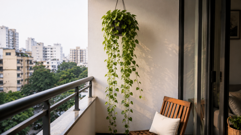 Planta jibóia pendente em vaso suspenso decorando varanda pequena, com ramos longos caindo em cascata e criando um cantinho verde acolhedor.