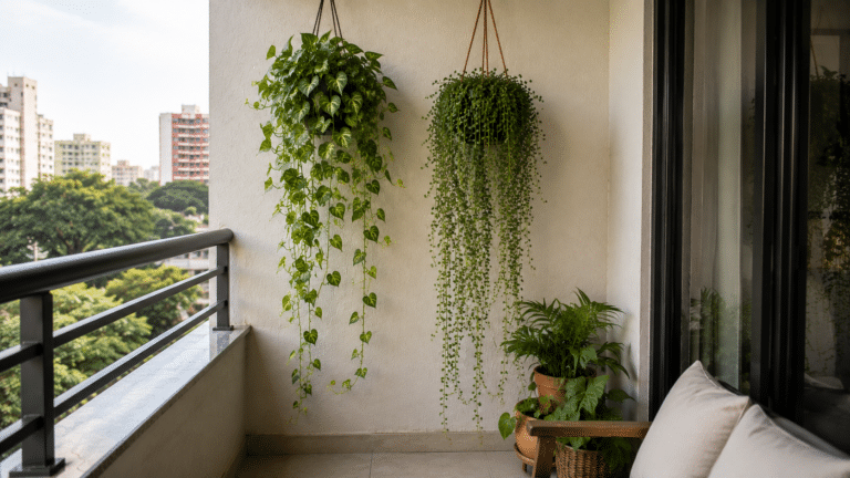 Varanda pequena com singônio e dinheiro-em-penca em vasos suspensos, destacando folhagens pendentes que crescem rápido e deixam o ambiente mais verde e acolhedor.
