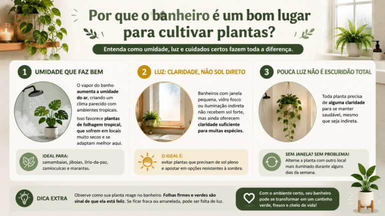 Infográfico explicando por que o banheiro pode ser um bom lugar para cultivar plantas, destacando umidade, luz indireta e cuidados com espécies tropicais.