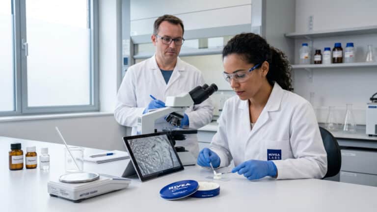 Cientistas analisando creme Nivea da latinha azul