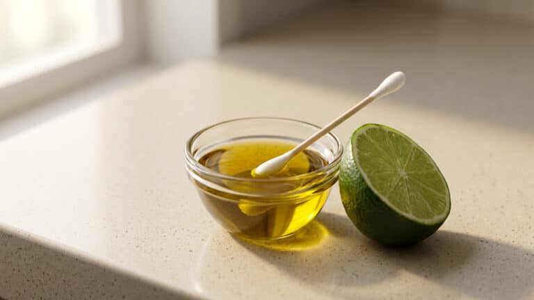 Cotonete em tigela de azeite de oliva ao lado de rodela de limão