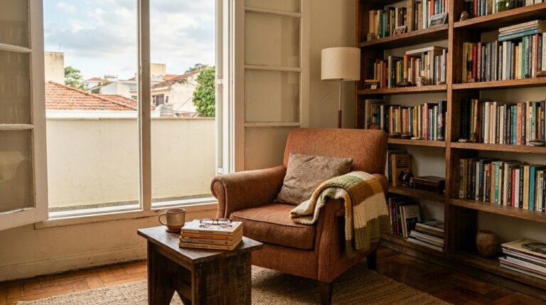 Poltrona cor terracota com manta de crochê listrada e almofada em um espaço de leitura. Ao lado, mesa lateral com livros empilhados, óculos e caneca, próxima a uma grande estante de madeira e janela com vista urbana.