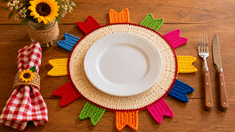 Mesa posta com sousplat de crochê temático colorido, guardanapo xadrez, vaso com girassol e talheres