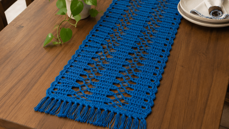 Trilho de mesa em crochê azul sobre mesa de madeira, destacando o trabalho vazado, as franjas e o charme artesanal na decoração.