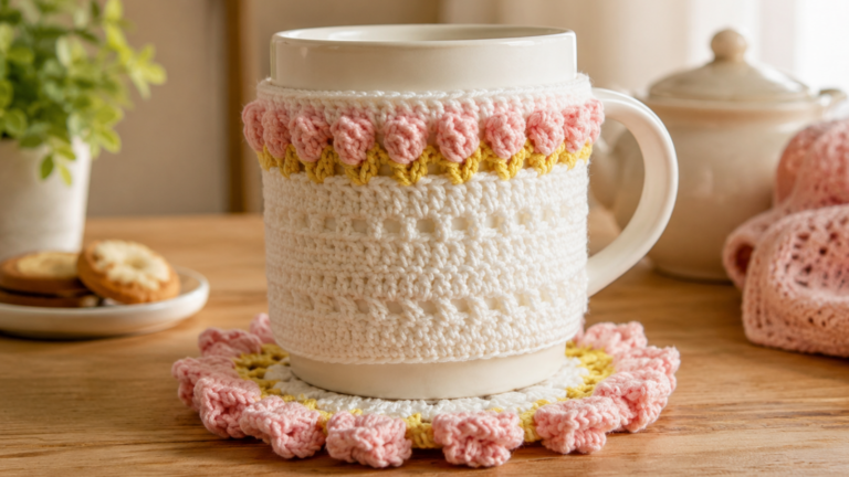 Caneca com capa de crochê floral e porta-copos artesanal combinando em mesa aconchegante.