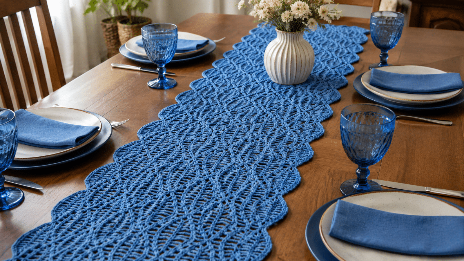O trilho de mesa de crochê azul eleva a decoração da sua mesa com delicadeza