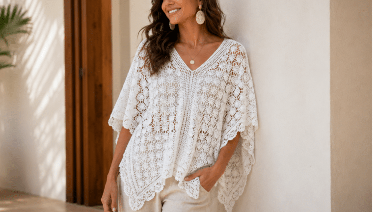 Blusa poncho de crochê branca com pontos vazados, caimento amplo e acabamento rendado em look feminino leve e elegante.