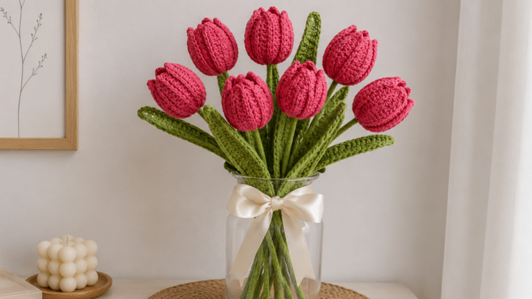 Buquê de tulipas em crochê rosa com folhas verdes usado em decoração artesanal delicada sobre mesa clara.