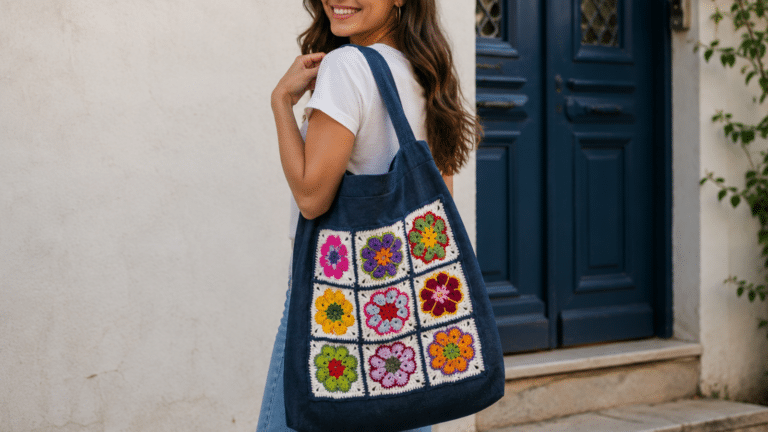 Mulher usando ecobag jeans com aplicações florais em crochê, combinando praticidade, cor e charme artesanal no look casual.