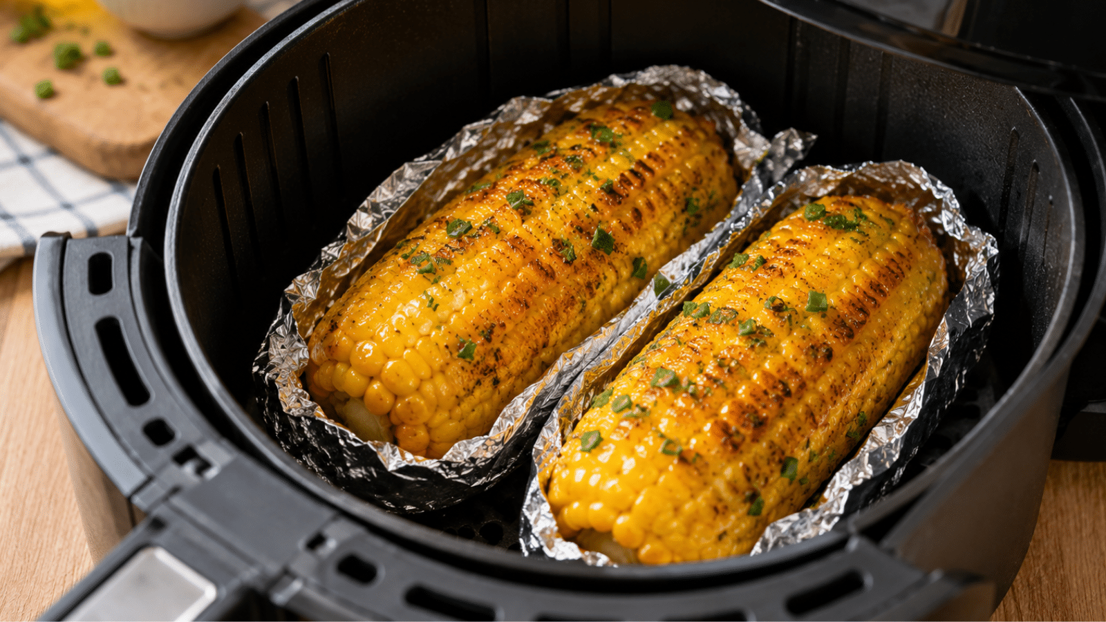 Milho na air fryer com manteiga fica macio, dourado e pronto em poucos minutos