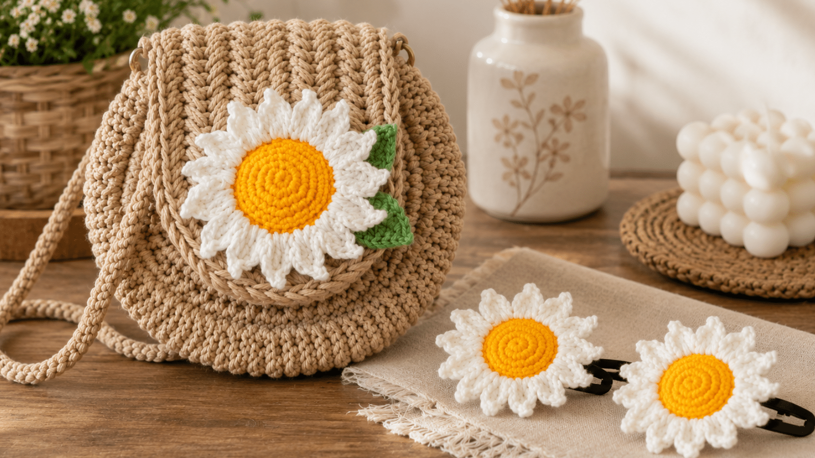 Bolsa e presilha de crochê criam um conjunto delicado que valoriza qualquer look