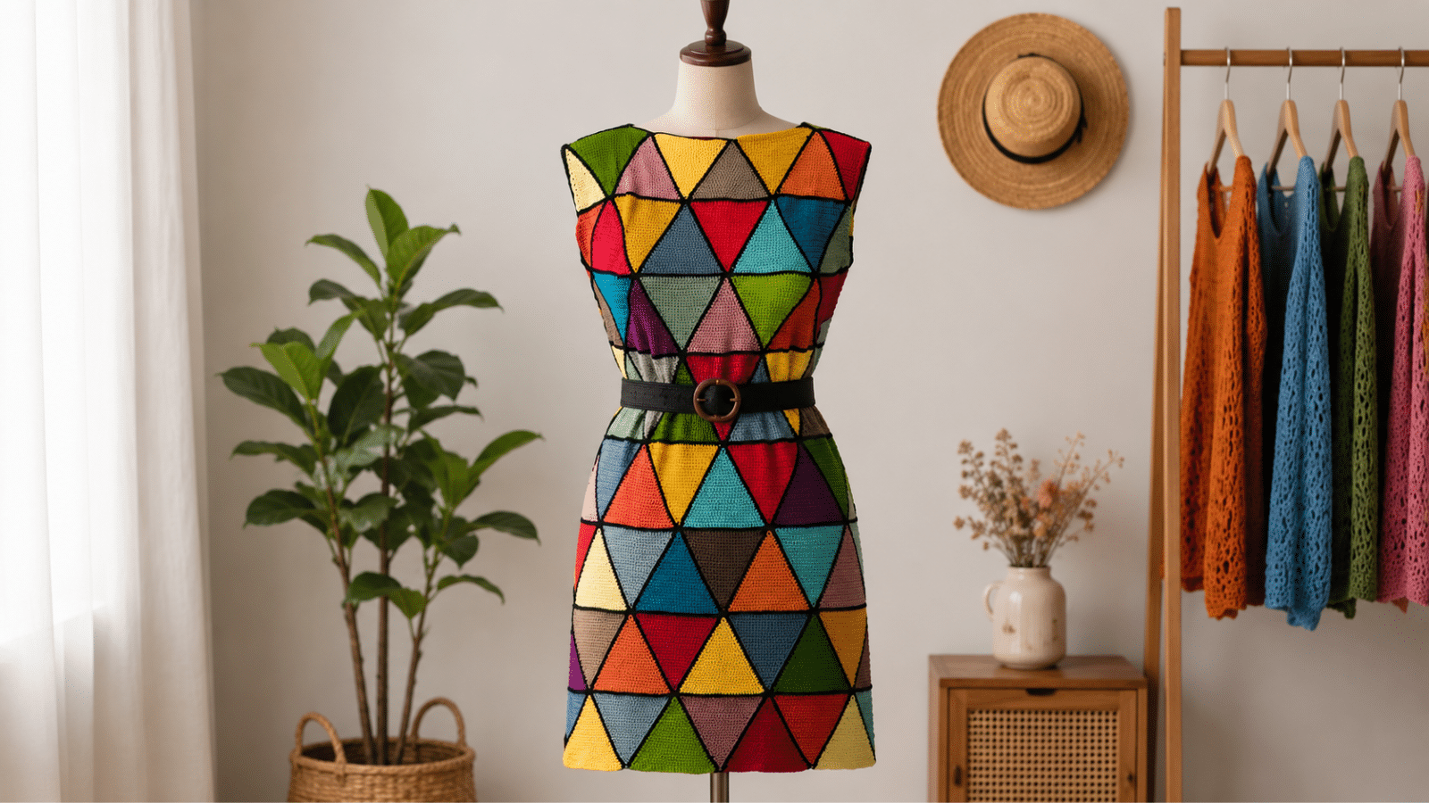 Vestido de crochê geométrico traz cor, arte e personalidade ao look