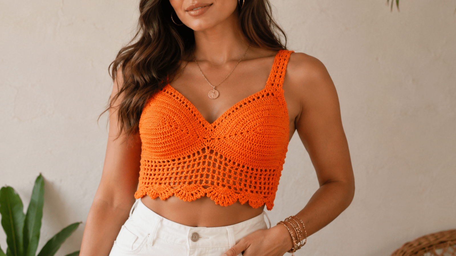 Cropped de crochê laranja traz cor, textura e presença para o look artesanal
