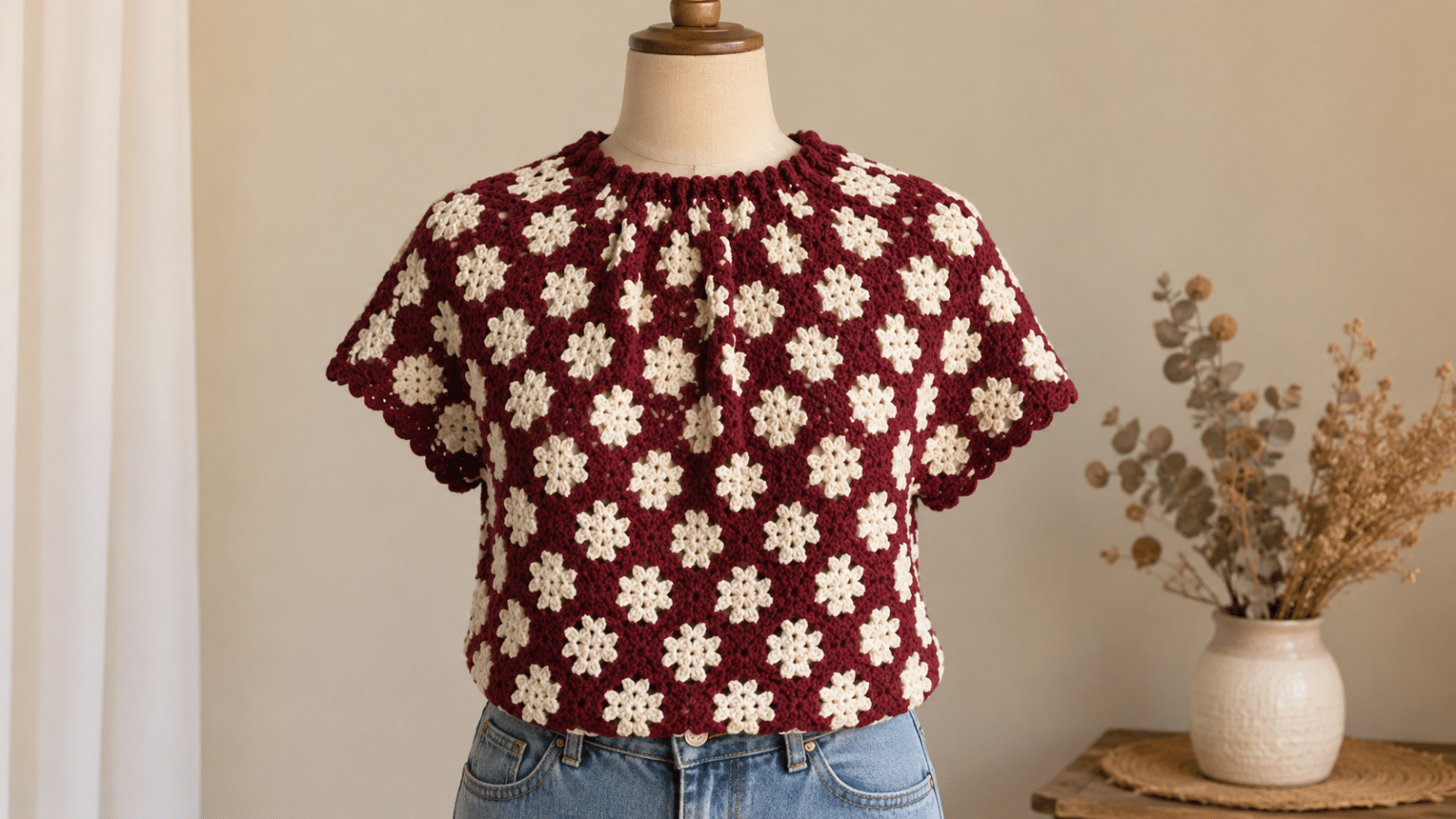 Crochê geométrico bicolor transforma roupas artesanais em peças modernas