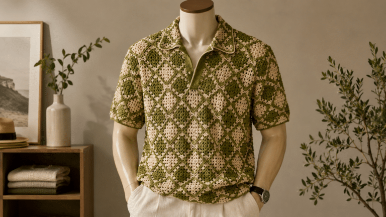 Camisa masculina de crochê com padrão geométrico em verde e bege, usada em manequim com calça clara e visual moderno. I