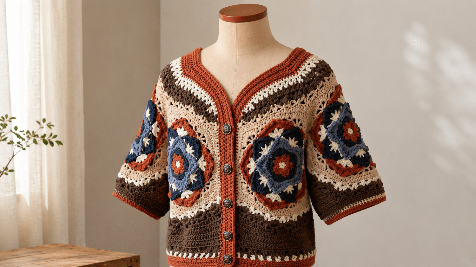 Cardigan de crochê com mandalas transforma looks simples com charme artesanal