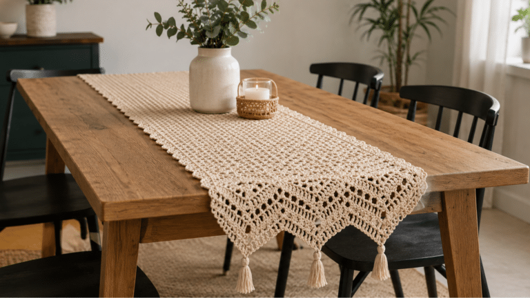 Caminho de mesa de crochê em barbante cru decorando mesa de madeira com vaso, vela e composição acolhedora.
