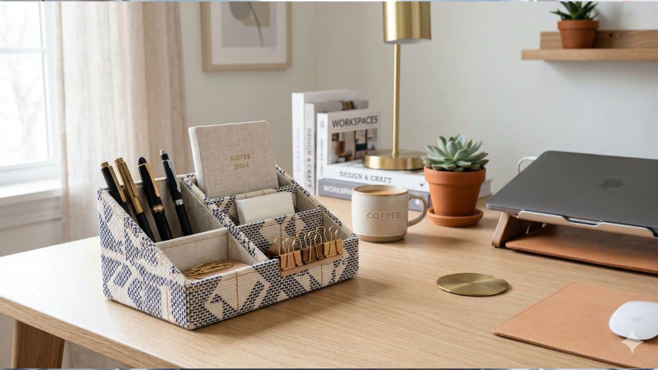 O acessório perfeito para organizar o escritório e que você pode fazer usando apenas papelão e tecido