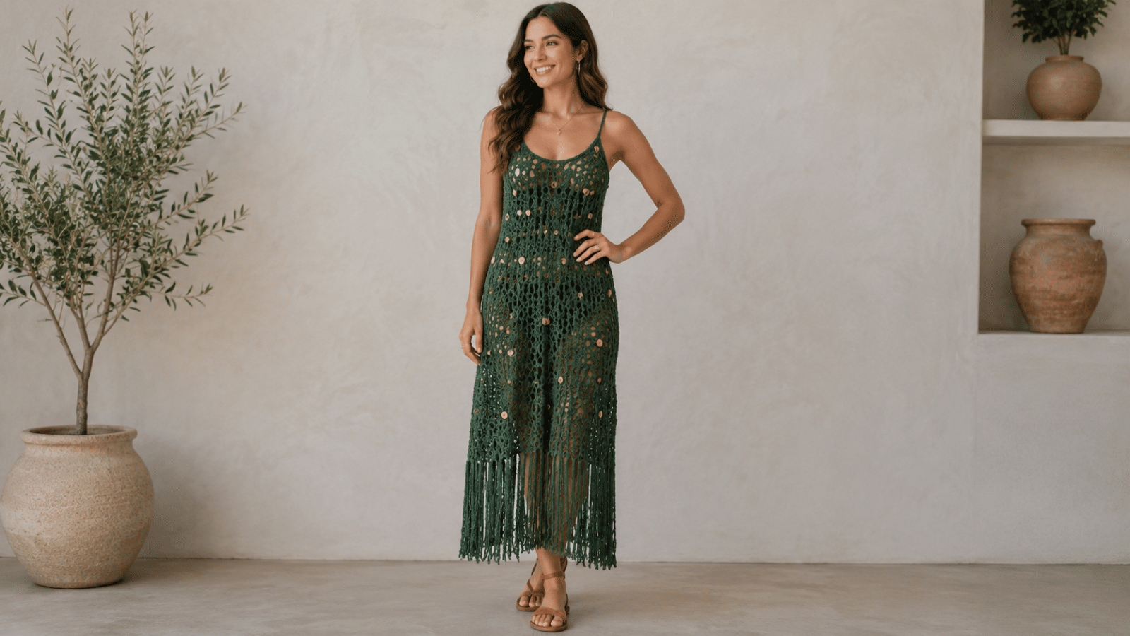Vestido de crochê verde com franjas traz movimento, textura e estilo artesanal ao look