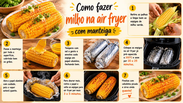 Infográfico com passo a passo para preparar milho na air fryer com manteiga, mostrando desde a limpeza das espigas até o preparo no papel-alumínio e a finalização dourada.