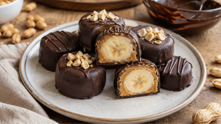 Bombons caseiros de banana com pasta de amendoim e cobertura de chocolate amargo, com recheio aparente e finalização crocante de amendoim.
