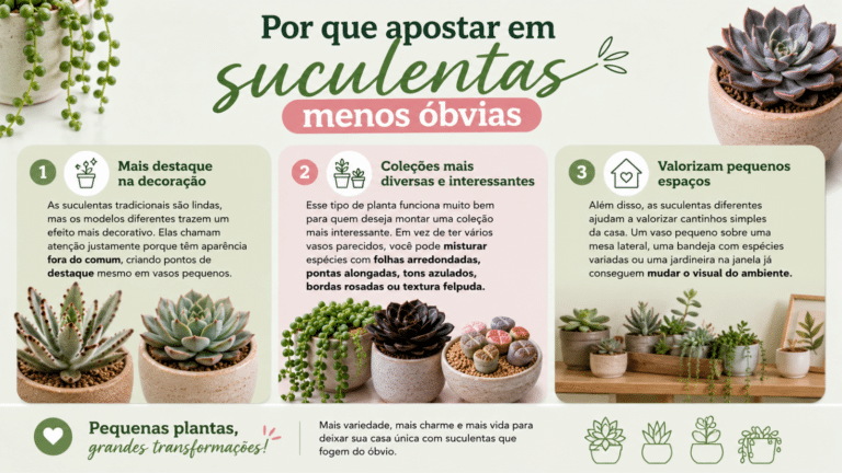Infográfico sobre suculentas diferentes, destacando espécies menos óbvias para decorar pequenos espaços, criar coleções variadas e valorizar a casa.