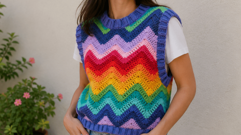 Mulher usando colete de crochê arco-íris em zigue-zague, peça artesanal colorida para transformar looks simples.