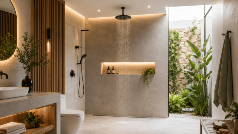 Área de banho aberta em estilo spa, com chuveiro de teto, revestimentos claros, madeira natural e jardim interno, criando um banheiro moderno, amplo e acolhedo