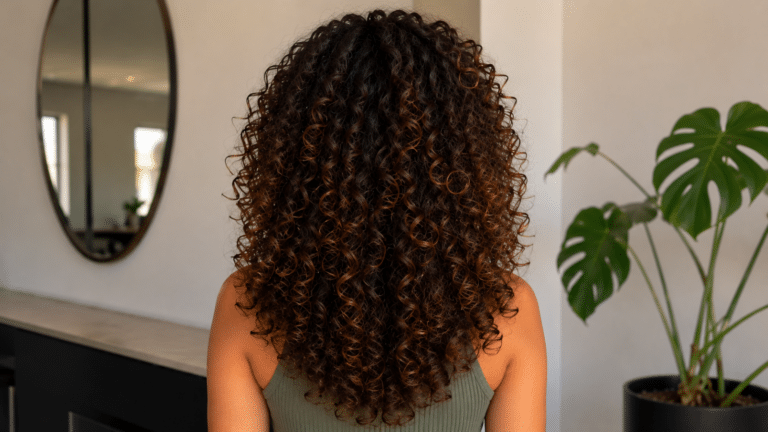 Mulher de costas com cabelo cacheado em camadas, evidenciando o volume natural, o caimento leve e a definição dos cachos ao longo dos fios.