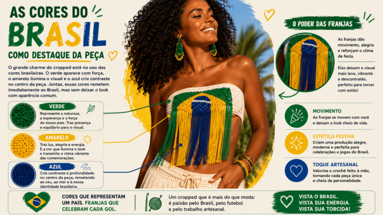 Infográfico sobre cropped de crochê Brasil com franjas, destacando as cores verde, amarelo e azul em look artesanal para torcer na Copa do Mundo.