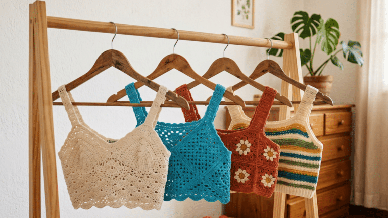 Coleção de croppeds de crochê artesanal em estilo contemporâneo leve e sofisticado