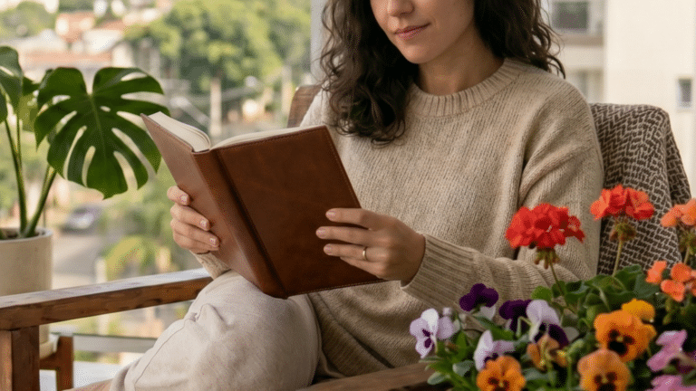 Mulher lendo livro na sacada 