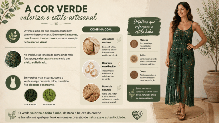 Infográfico sobre como o verde valoriza o estilo artesanal no vestido de crochê, destacando a trama, os tons naturais e combinações com madeira, palha, couro e acessórios neutros.