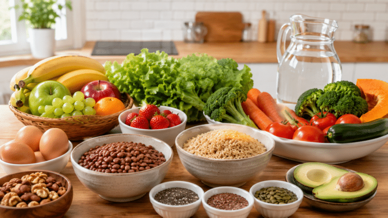 Mesa com alimentos saudáveis para consumir diariamente, incluindo frutas, verduras, legumes, feijão, ovos e água.
