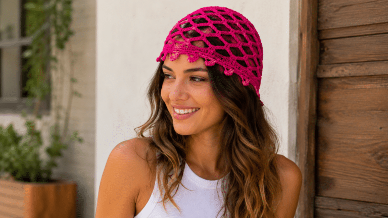 Mulher usando touca rosa de crochê vazada em ponto rede, com acabamento delicado e estilo artesanal para looks leves e criativos.