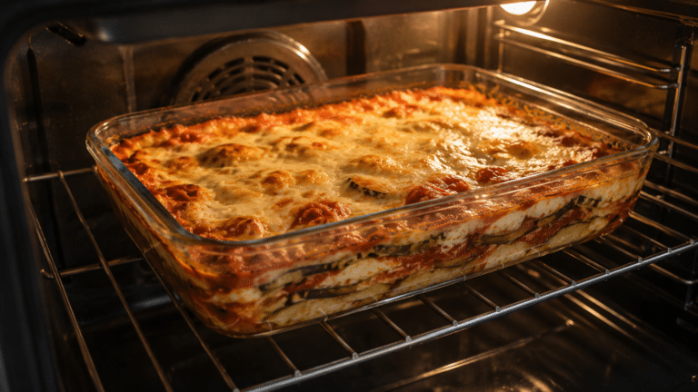 Lasanha de berinjela gratinando dentro do forno, com camadas de molho, queijo derretido e fatias de berinjela em um refratário de vidro.