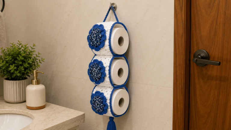 Porta papel higiênico feito de crochê com garrafa pet