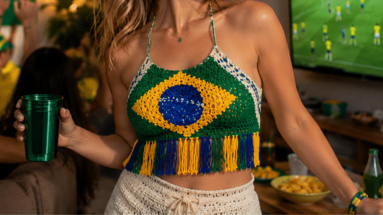 Mulher usando cropped de crochê temático do Brasil em clima de torcida, com cores verde, amarelo e azul para assistir ao jogo com estilo.