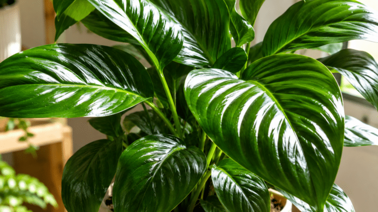 Folhas verdes extremamente brilhantes e saudáveis em planta de interior, com luz natural destacando o viço da folhagem.