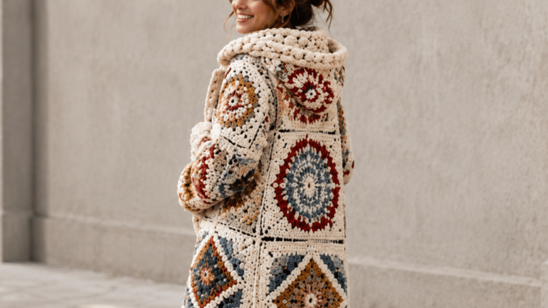 Mulher usando sobretudo de crochê com capuz em ambiente externo neutro, destacando os squares coloridos e o charme artesanal da peça.