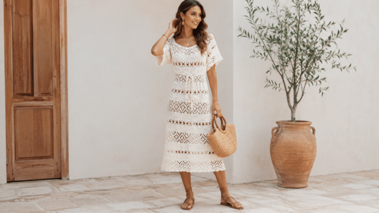 Mulher usando vestido de crochê branco midi com pontos vazados e cinto artesanal, combinado com bolsa natural em ambiente claro e elegante