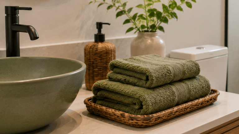 Banheiro decorado com toalhas verdes, pia em tom natural e fibras artesanais para um visual fresco e acolhedor.